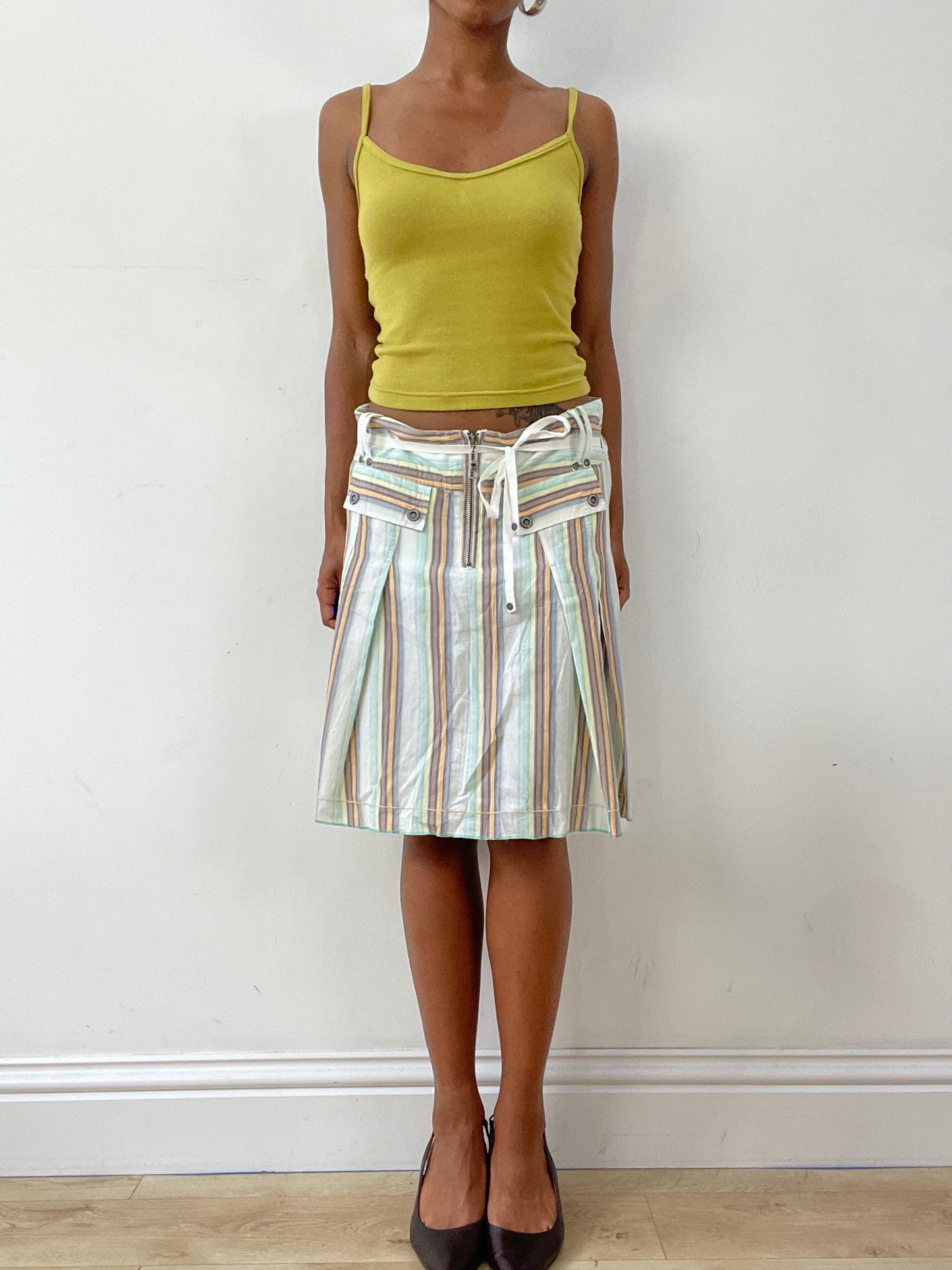 vintage edit twenty-nine | medium blue and orange striped midi skirt