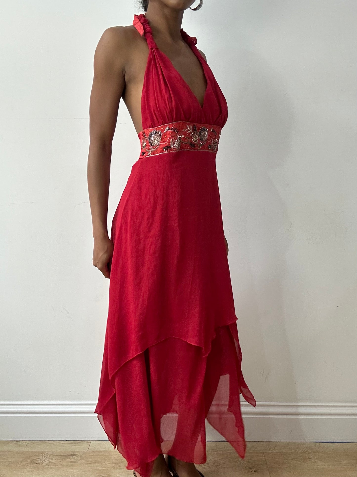 midsummer edit | small red halterneck maxi dress with beaded waist detail