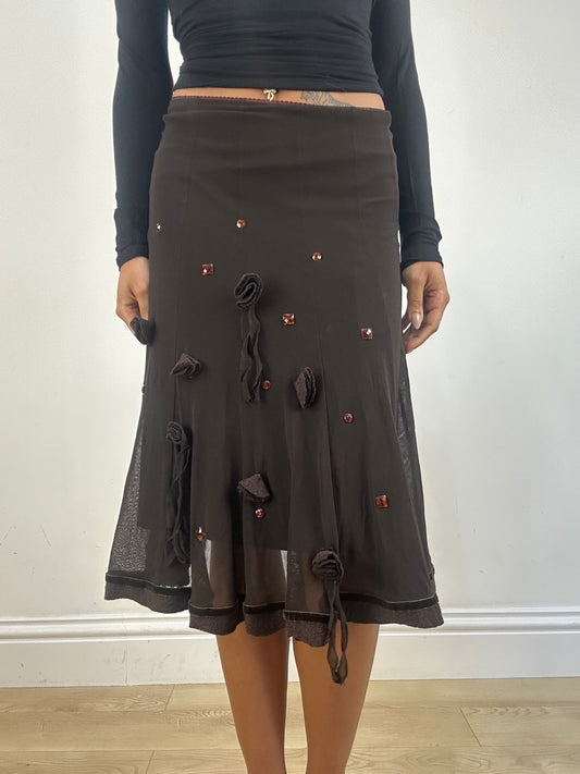 vintage edit fifteen | medium brown flowy midi skirt with 3d floral details