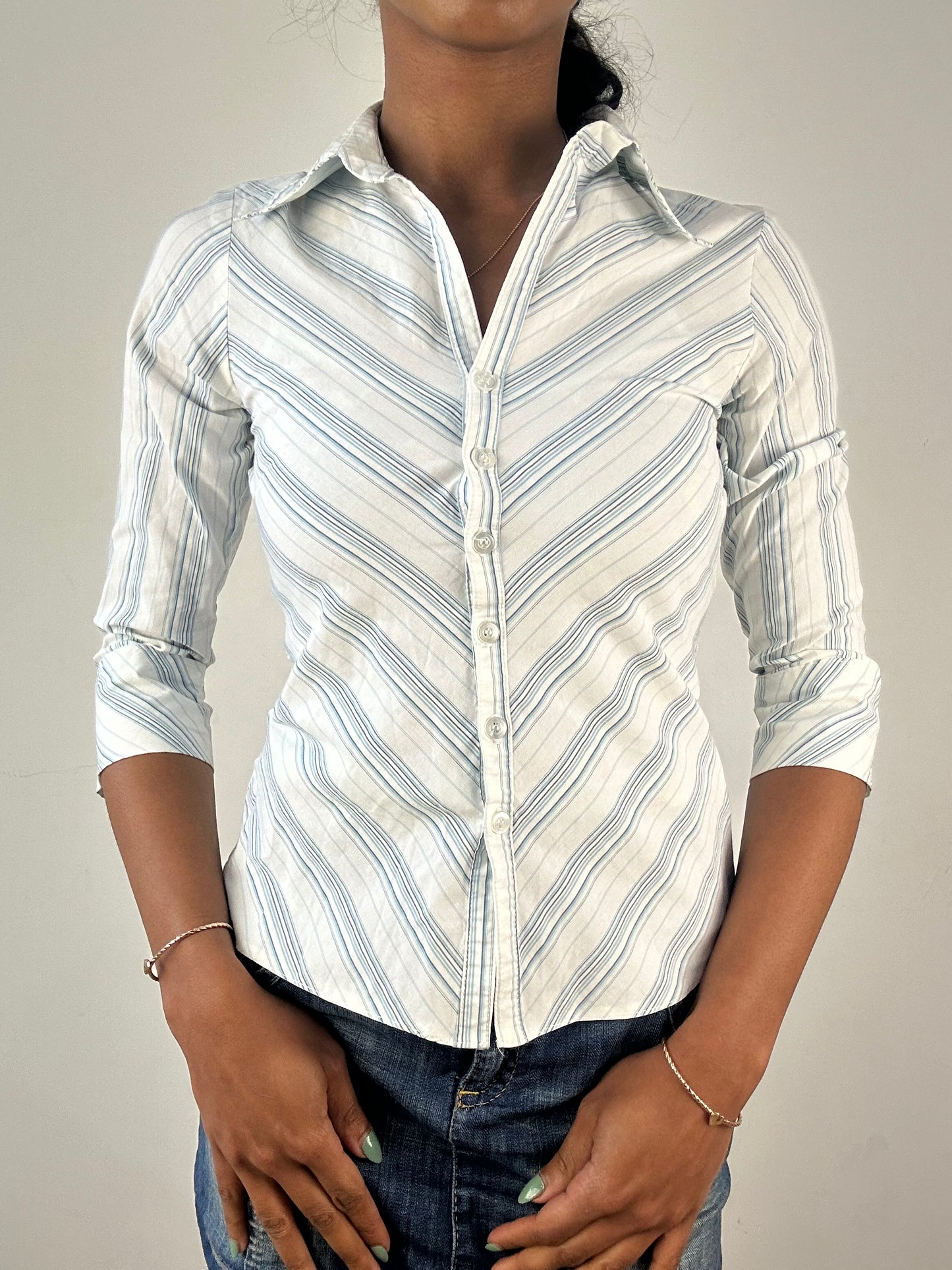 vintage edit: tops | small white and blue striped shirt with 3/4 length sleeves