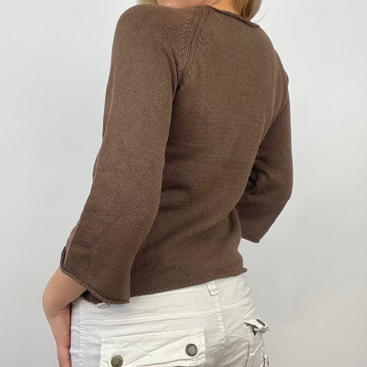 ETHEREAL GIRL DROP | small brown knitted cardigan with pink velvet lace up detail