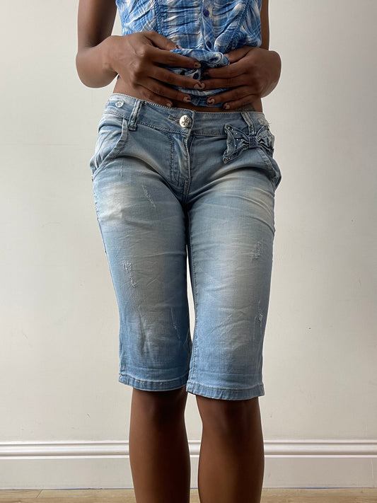 midsummer edit | small blue denim shorts with bow detail