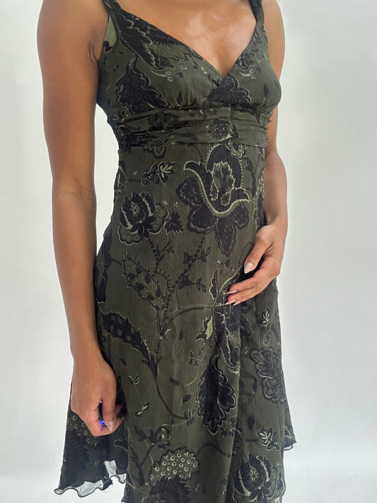 wedding guest drop | small dark khaki patterned mini dress