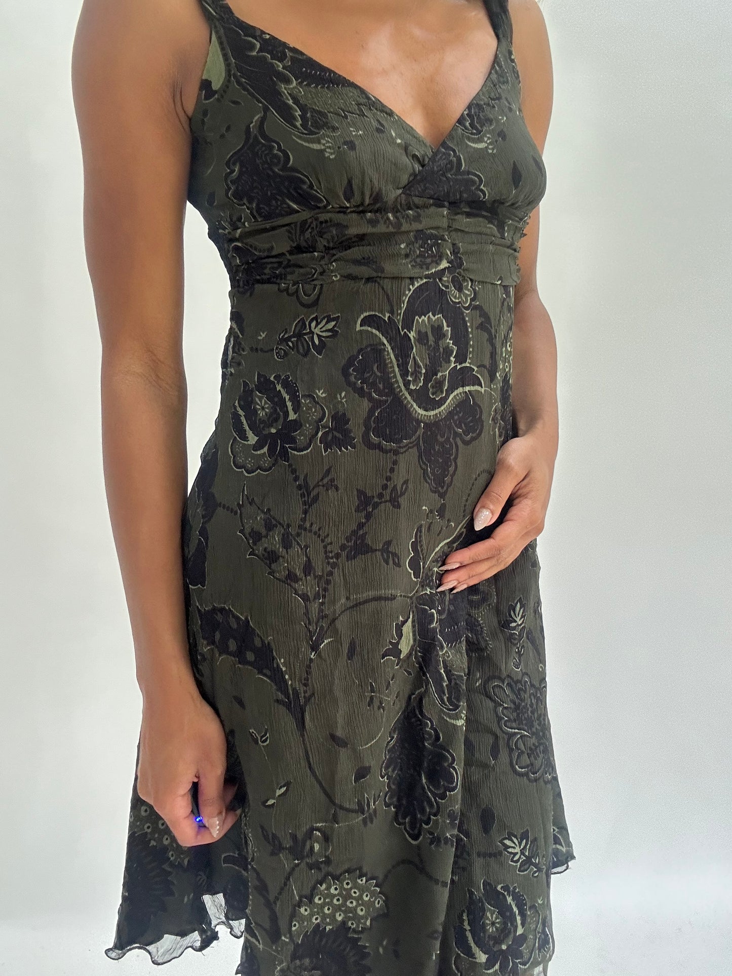 wedding guest drop | small dark khaki patterned mini dress