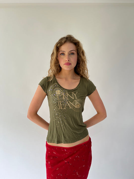 SATC drop | medium green DKNY jeans top
