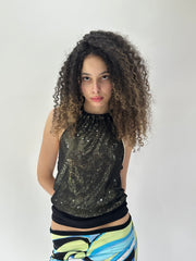 festival drop | Pequeno preto sequin halterneck mesh sobreplate vestido superior feminino