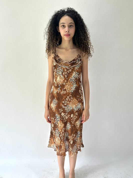 festival drop | medium brown and blue mesh overlay midi dress