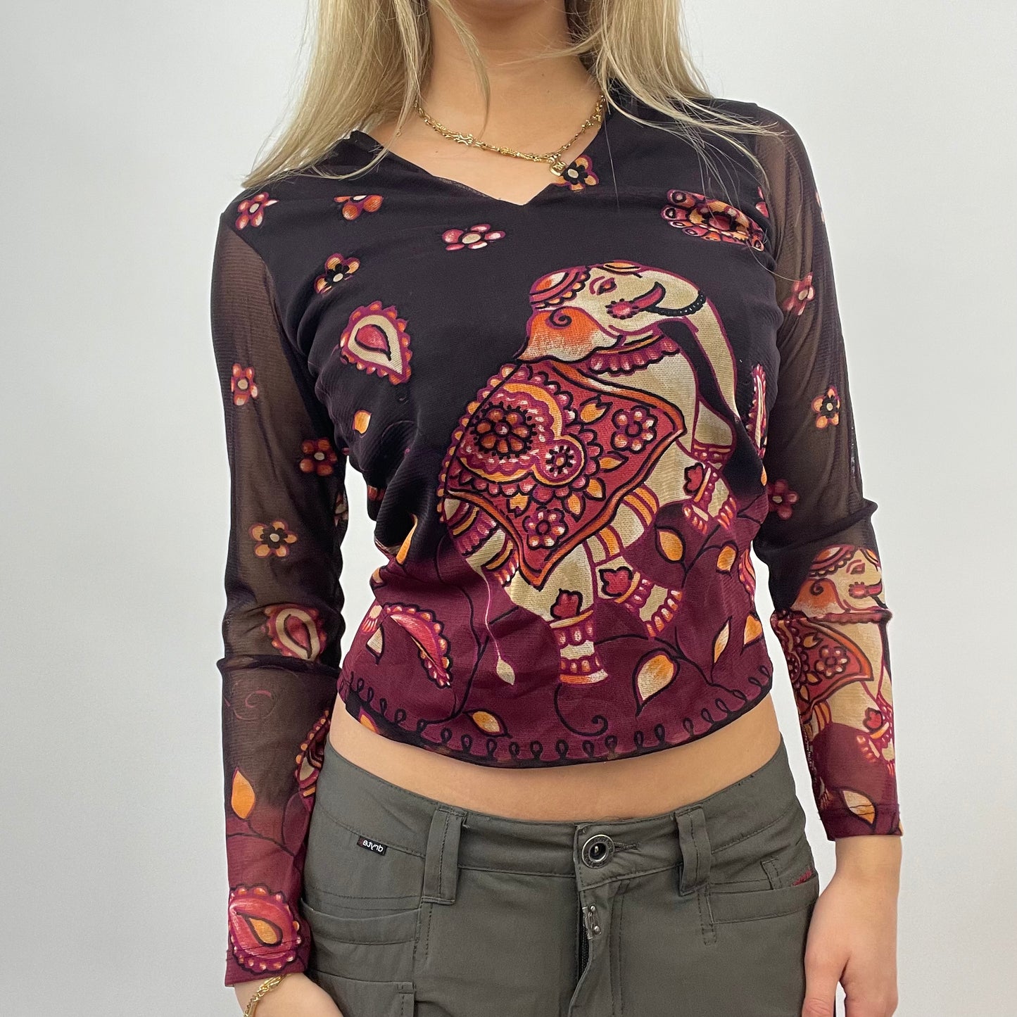 💚 BEST PICKS | small brown patterned mesh long sleeve top