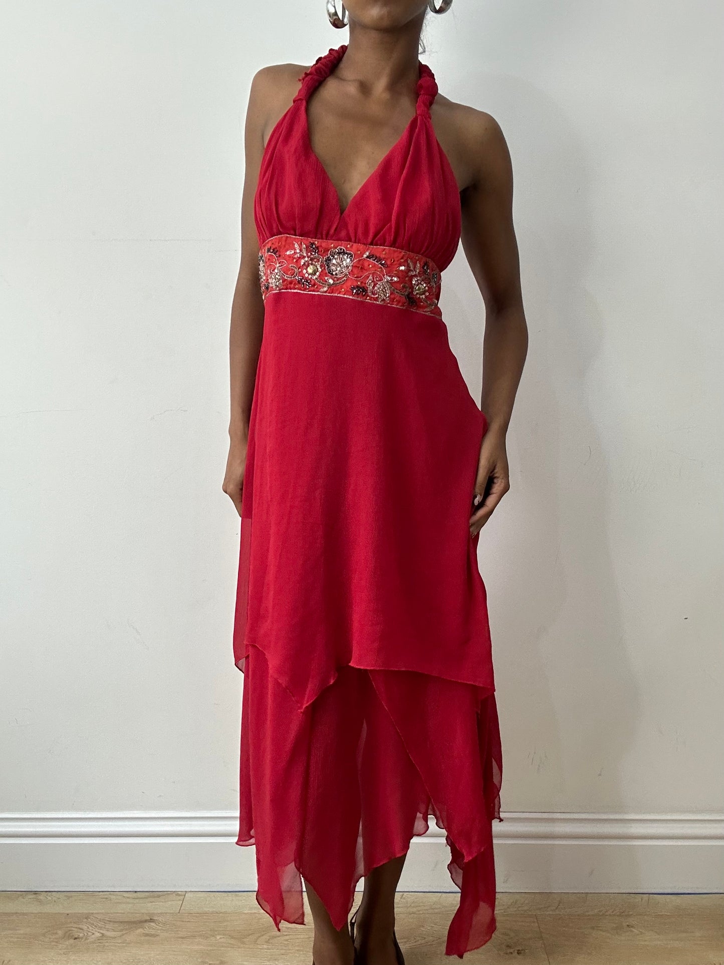 midsummer edit | small red halterneck maxi dress with beaded waist detail