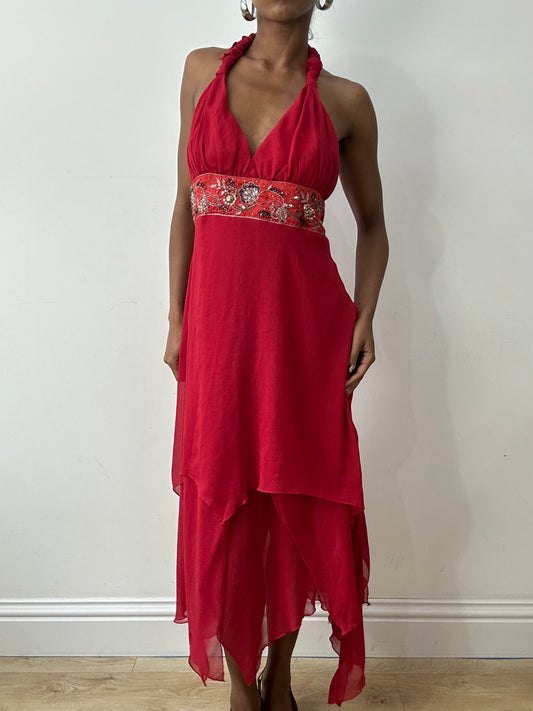 midsummer edit | small red halterneck maxi dress with beaded waist detail