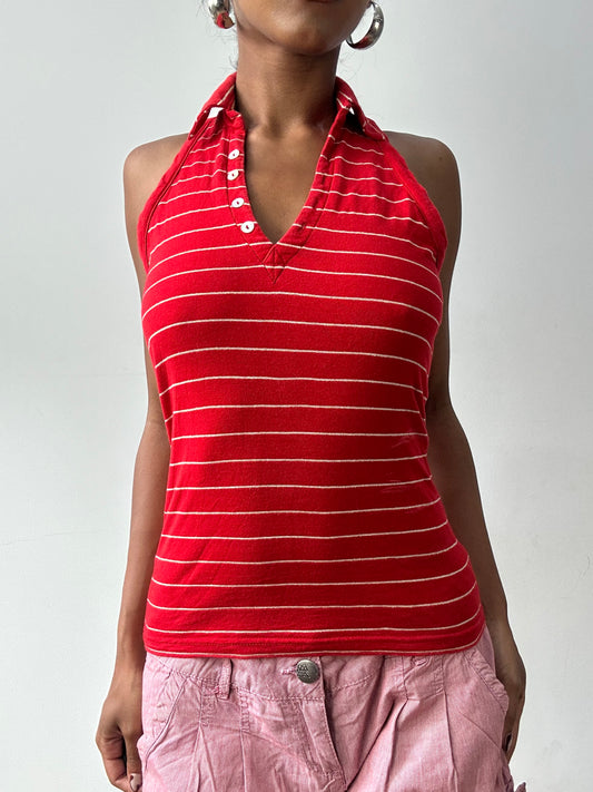 midsummer edit | small red motivi top with white pinstripes