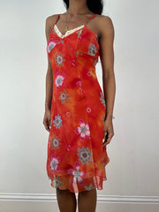💚 vintage edit eighteen | medium orange floral midi dress with lace hem