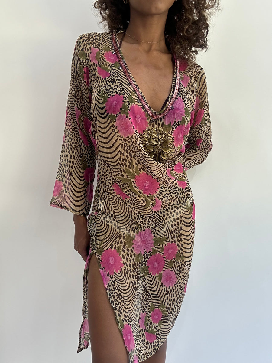 Strand-Drop | mittelbraun transparentes Kleid mit Animal-Print