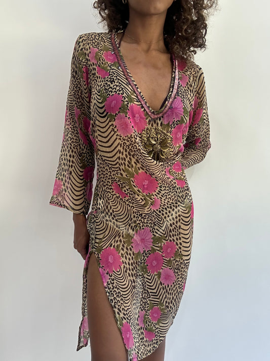 beach drop | medium brown sheer animal print dress cover up