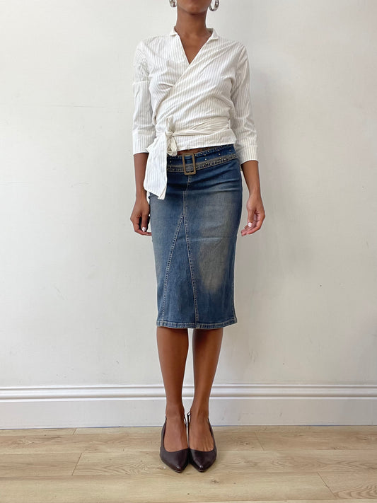 vintage edit twenty-seven | extra small blue denim mini skirt with built in buckle belt