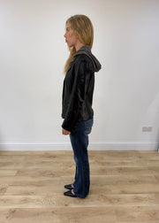 small black leather jacket with built in hoodie