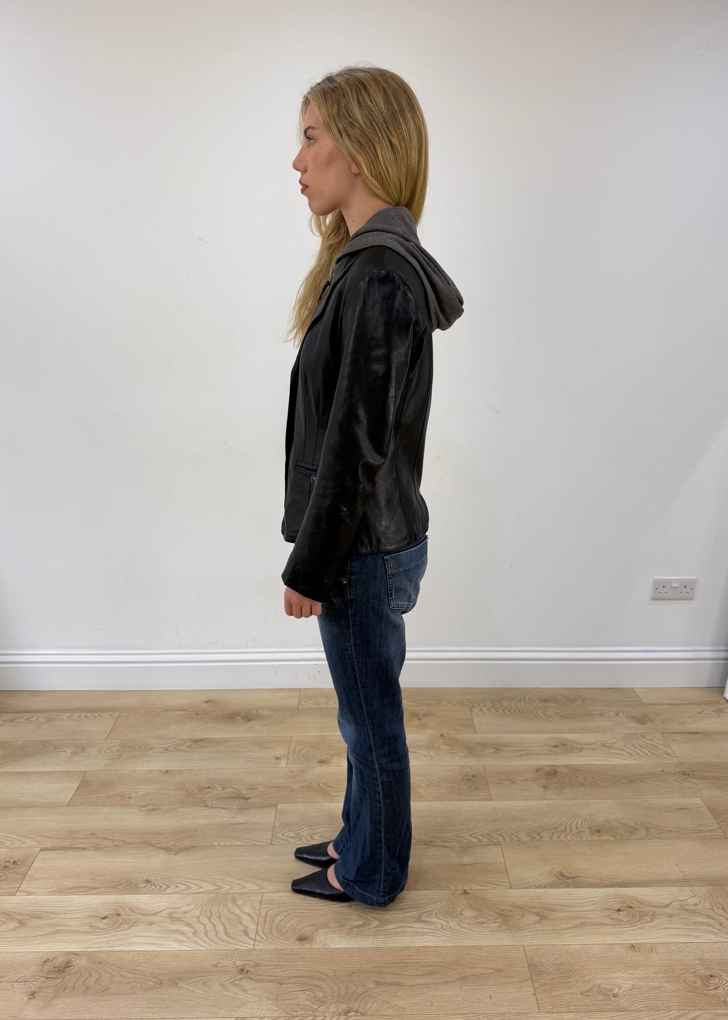 small black leather jacket with built in hoodie