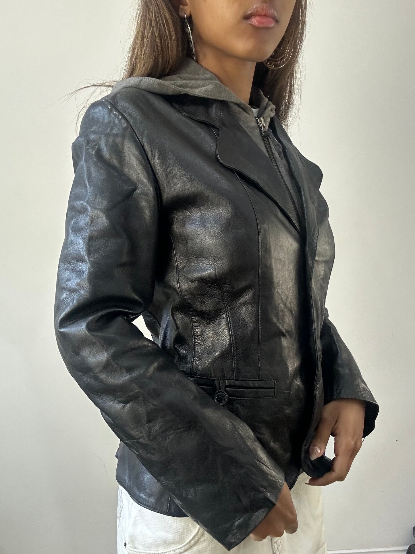 2016 edit | small black leather blazer jacket with built in hoodie