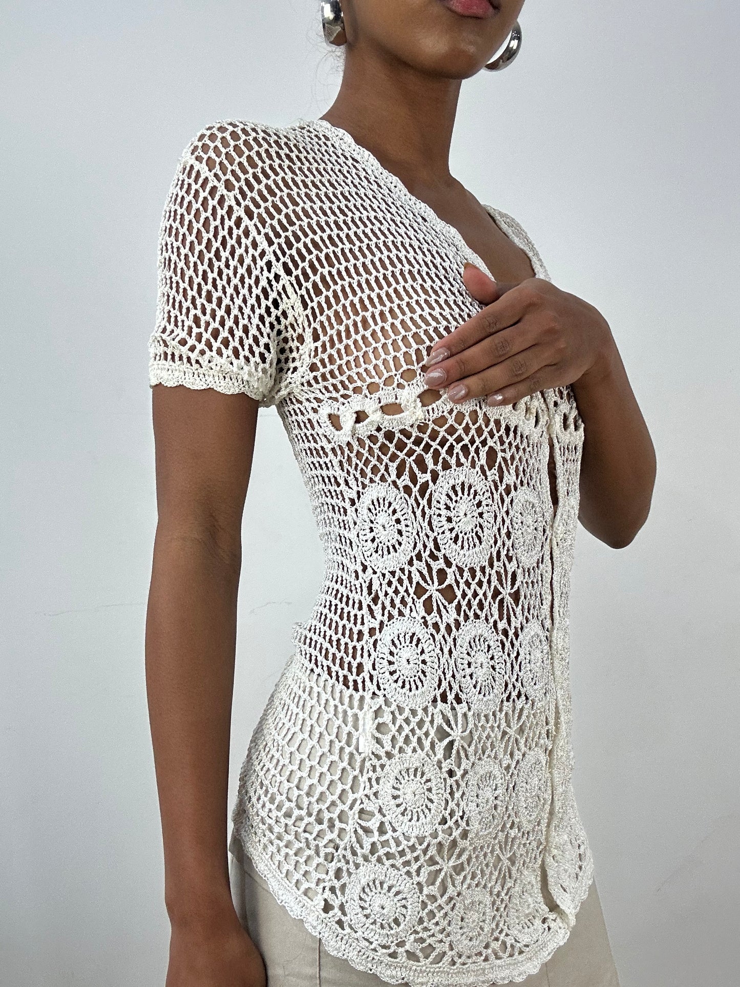 vintage edit: indie sleaze | small white crochet short sleeve top