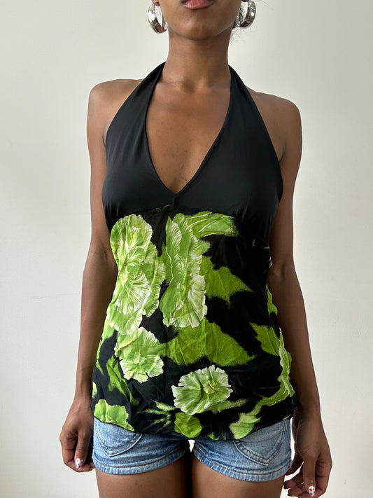 vintage edit twenty-nine | small black halterneck top with green floral print