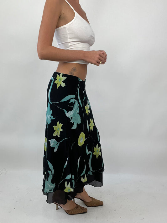 PALM BEACH DROP | small black maxi skirt with green and blue floral print