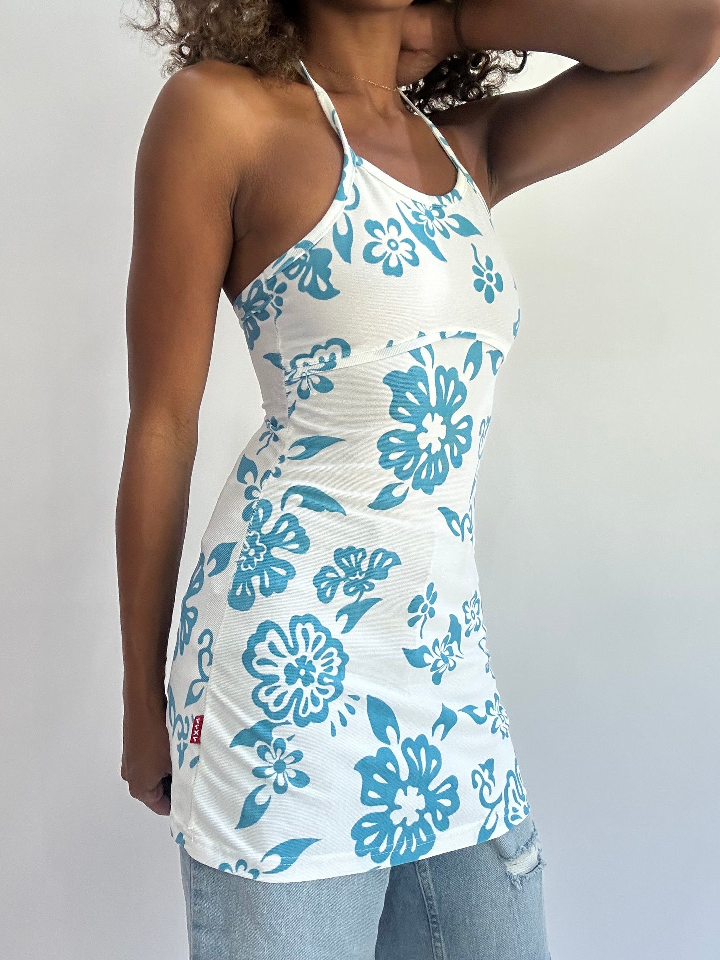beach drop | small white halterneck floral long top