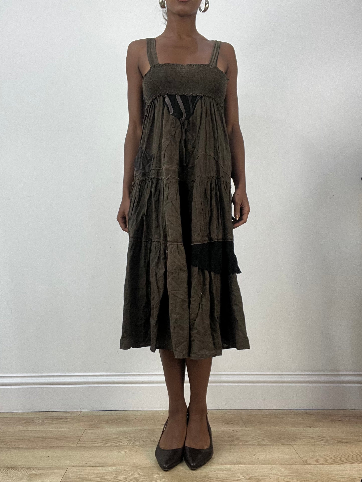 LFW edit | small khaki green tiered maxi dress with ruched bust