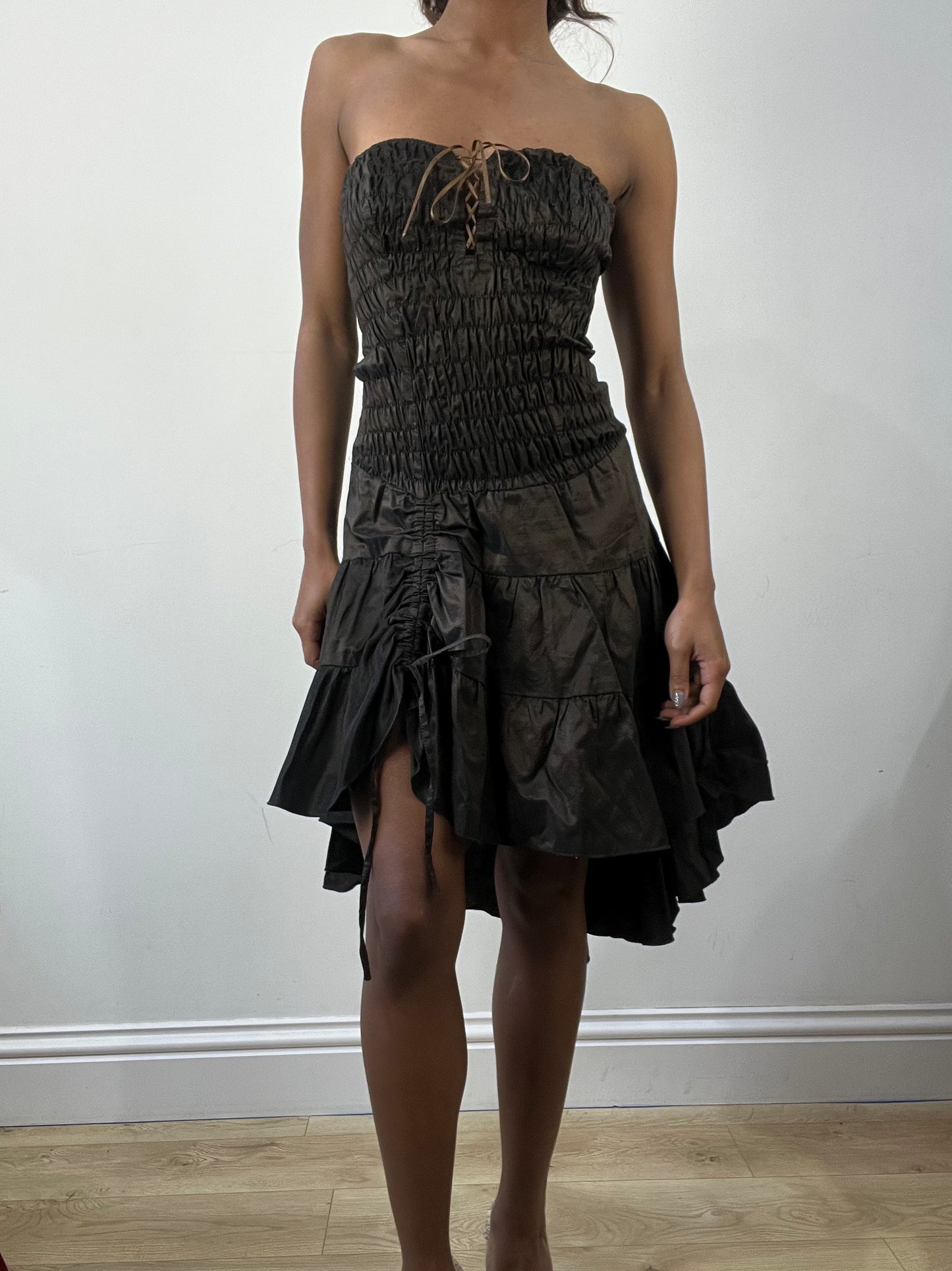 romantic grunge edit | small brown  asymmetric bandeau midi dress