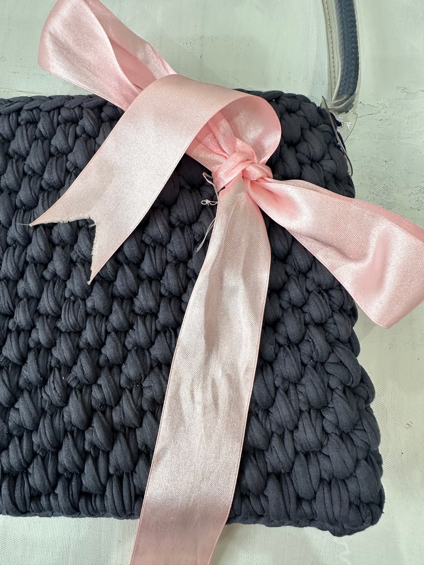 vintage edit: halloween | blue crochet shoulder bag with pink ribbon detail