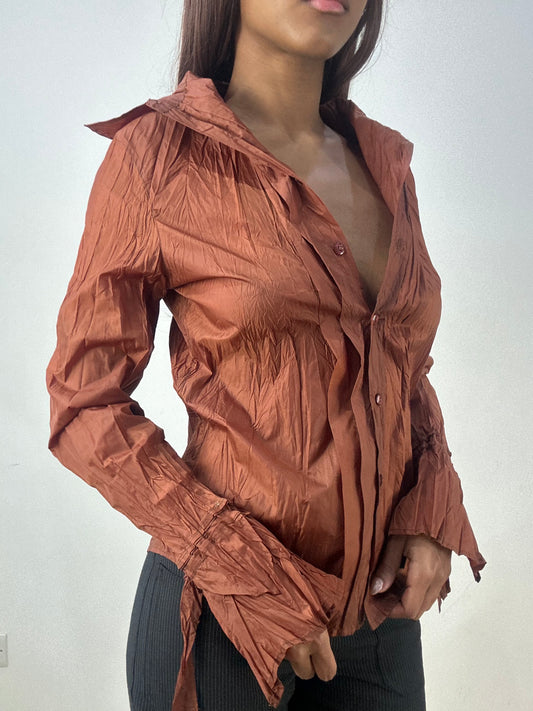 💻‼️ brown crinkle cargo shirt with tie up sleeve detail