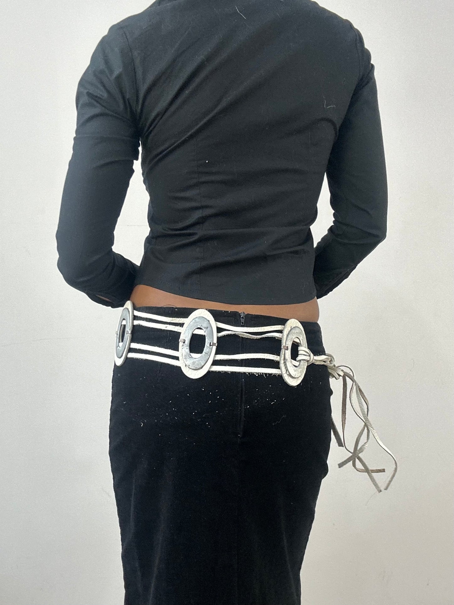 winter edit | white faux leather silver circle tie up belt