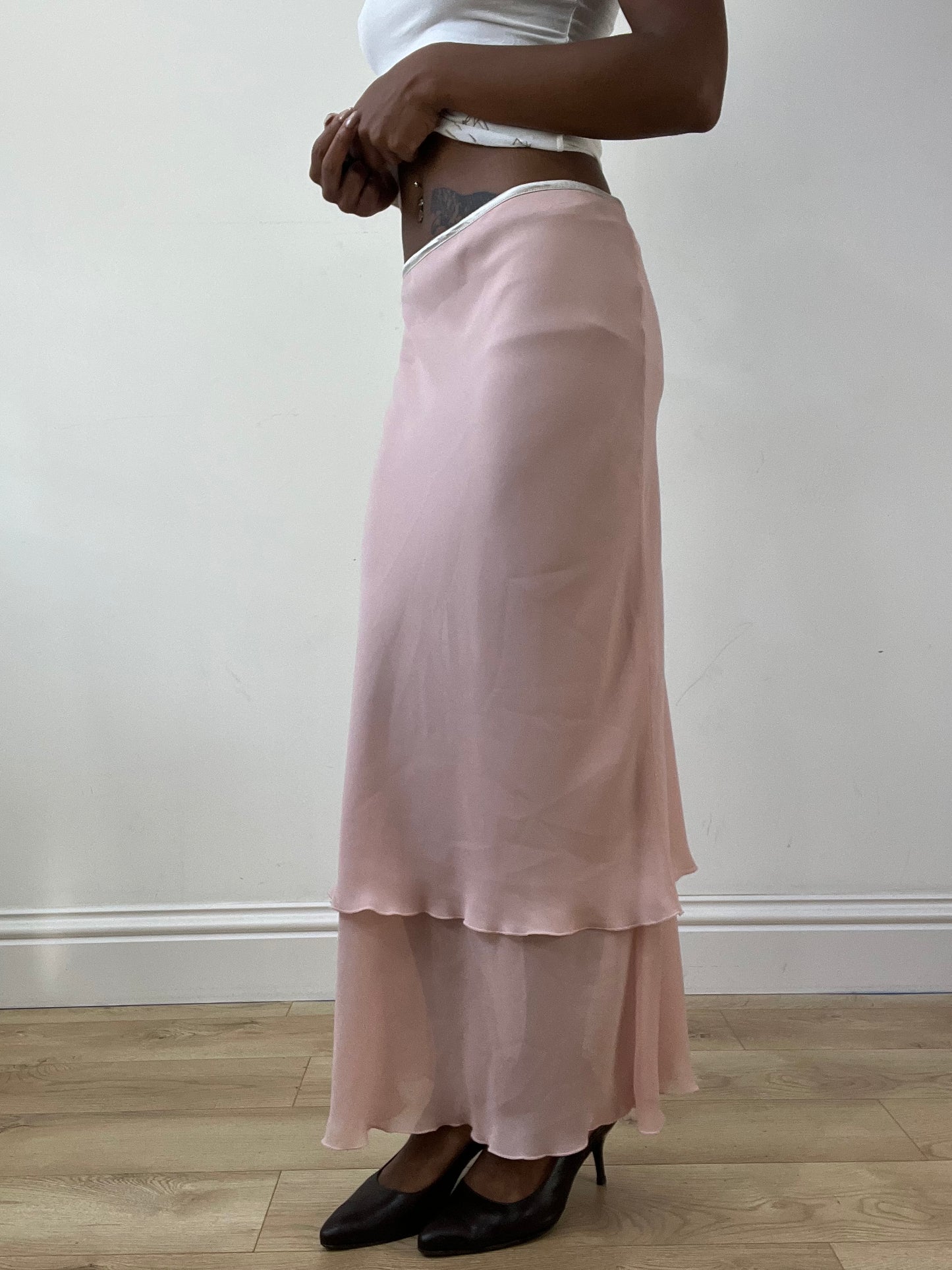 BEST PICKS | medium pink midi skirt with tiered mesh overlay