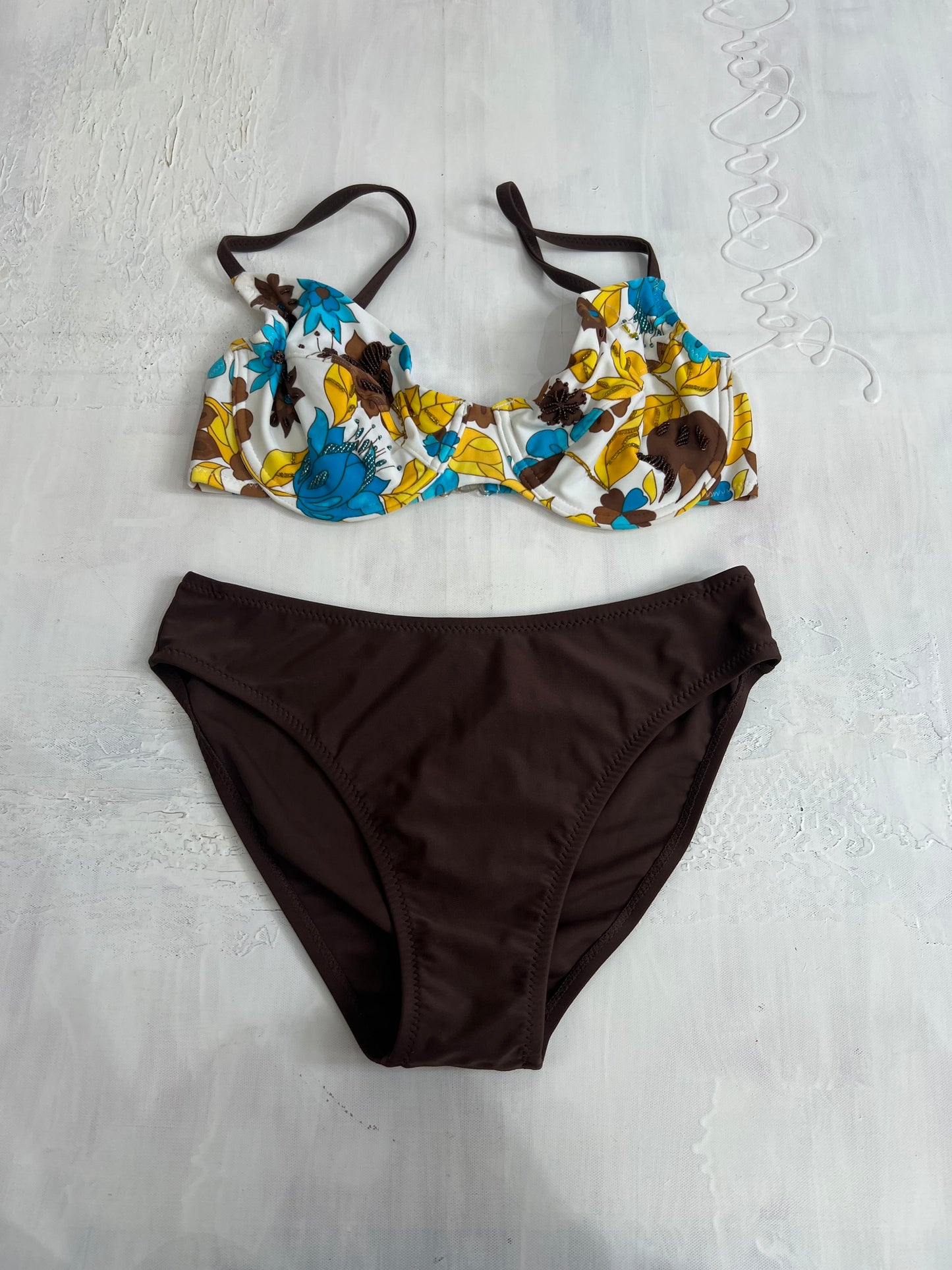 vintage edit twenty eight | medium brown and blue floral bikini set