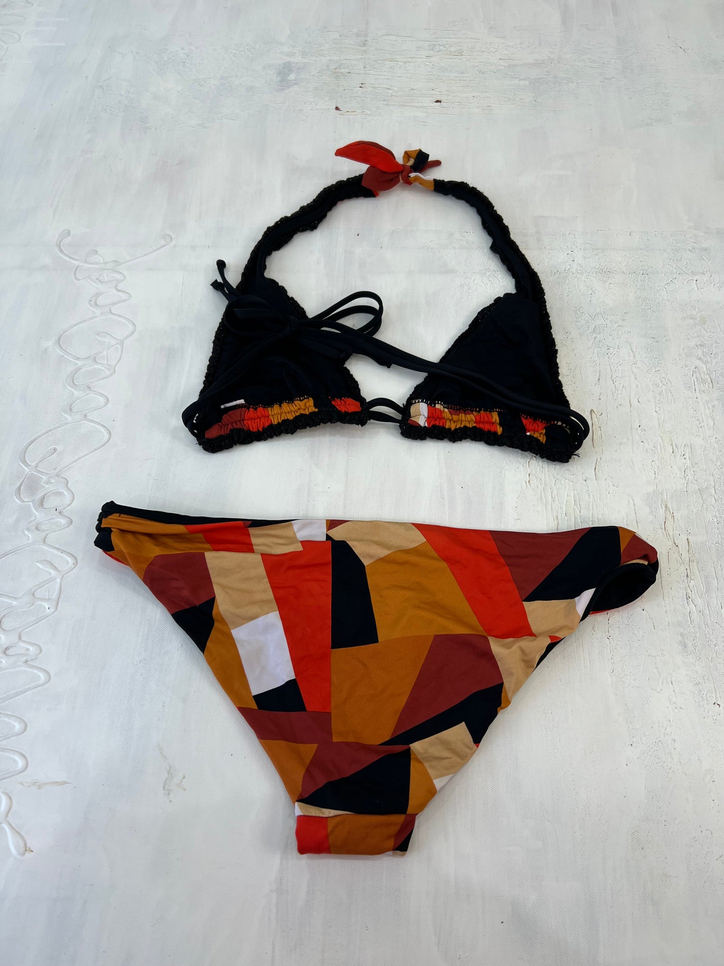 summer edit | small red and brown bikini set with abstract print