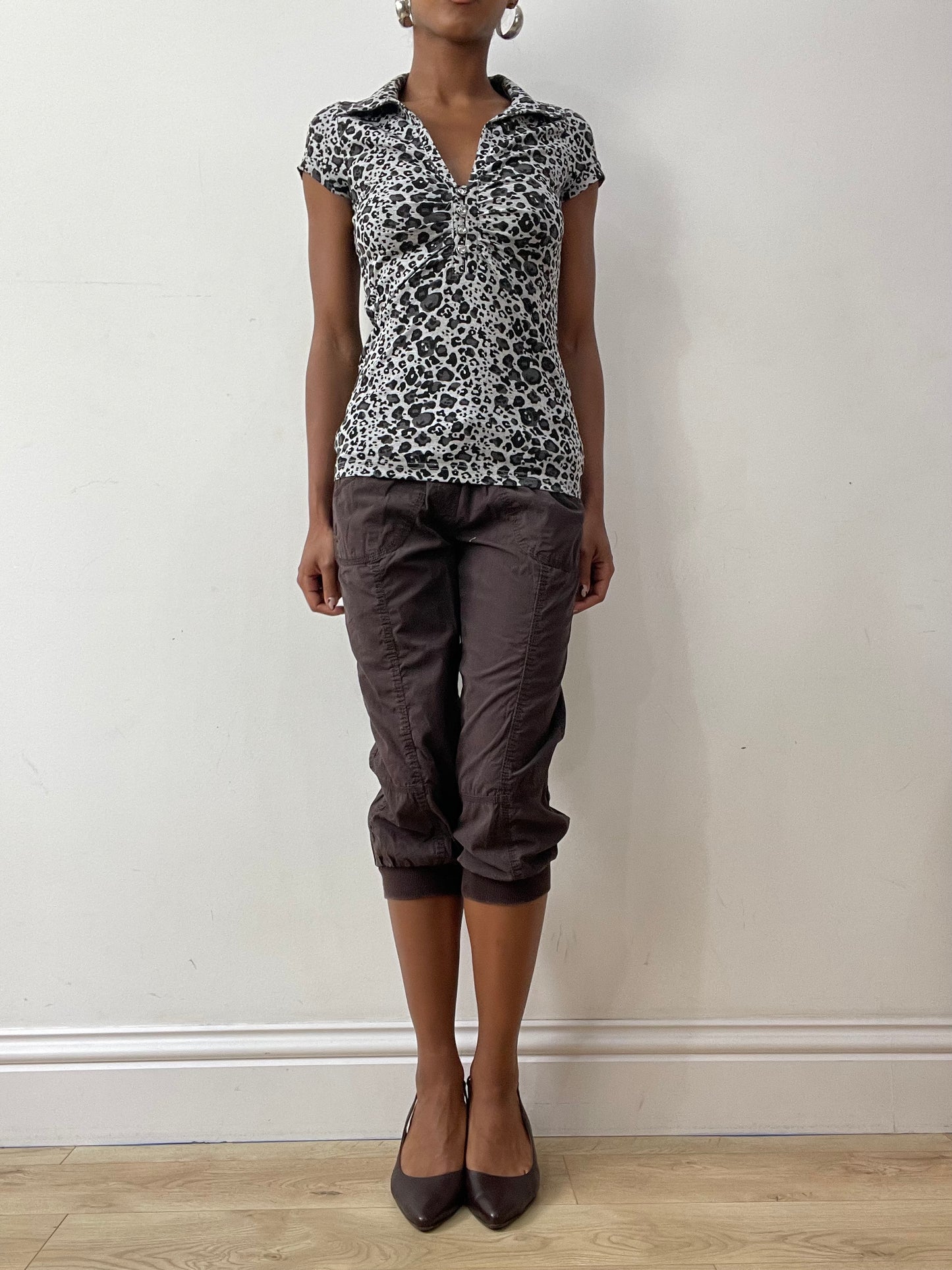 midsummer edit | small grey leopard print top with diamanté buttons