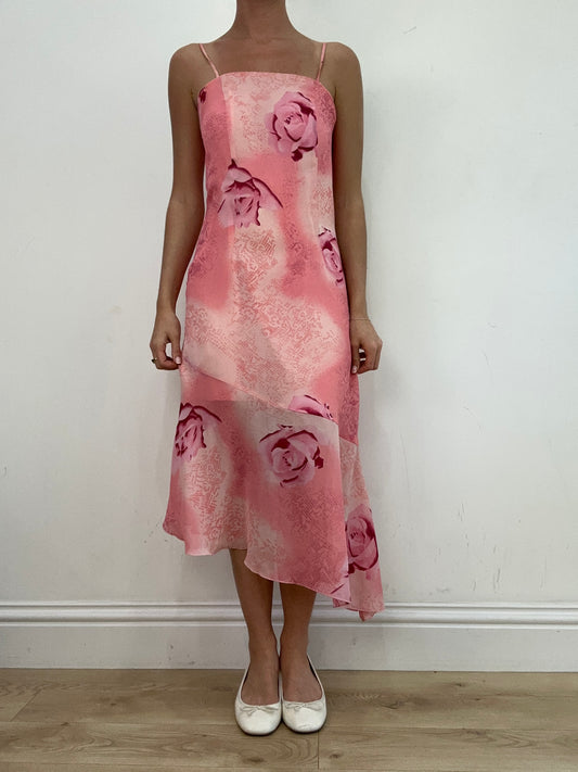 vintage edit: wedding guest | small pink asymmetric maxi dress with floral print