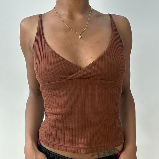 💻‼️ extra small brown ribbed vest with crossover front detail