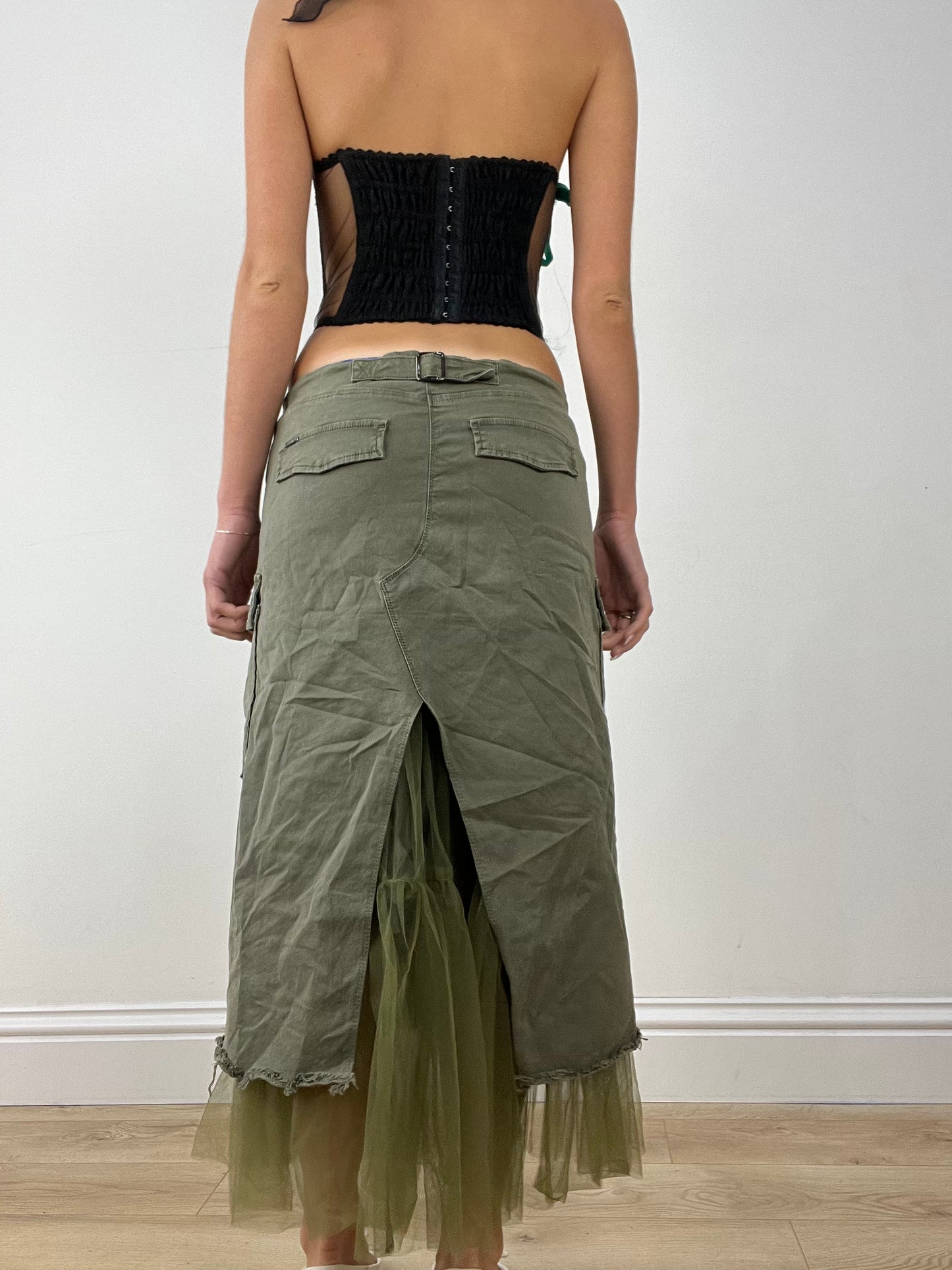💻HALLOWEEN | medium khaki denim and mesh maxi skirt