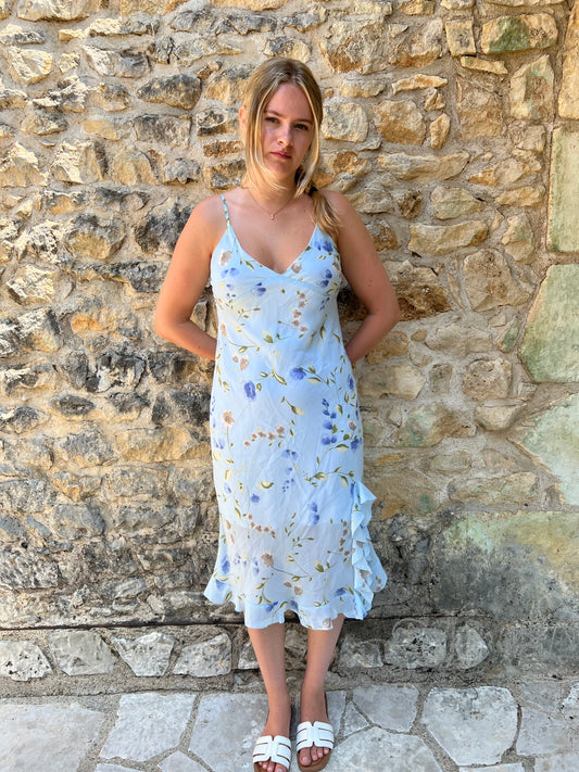 french summer drop | medium blue floral mesh overlay midi dress