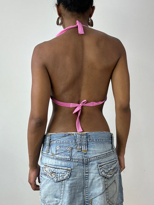 vintage edit twenty-six | pink and white halterneck bikini set with striped bottoms