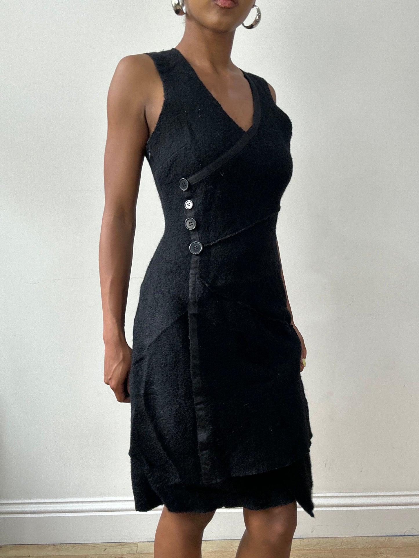 vintage edit thirty-two | small black wool style midi dress with button details