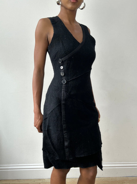 vintage edit thirty-two | small black wool style midi dress with button details