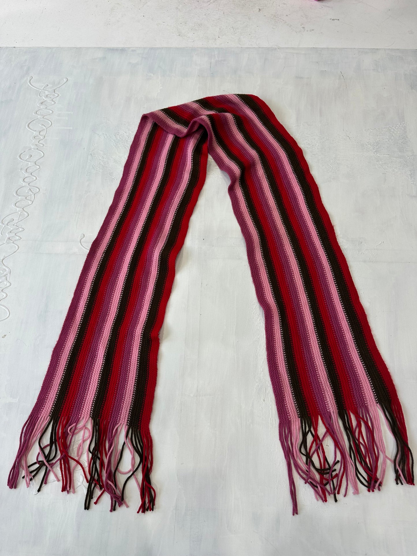 winter edit | pink and black striped knit tassel scarf