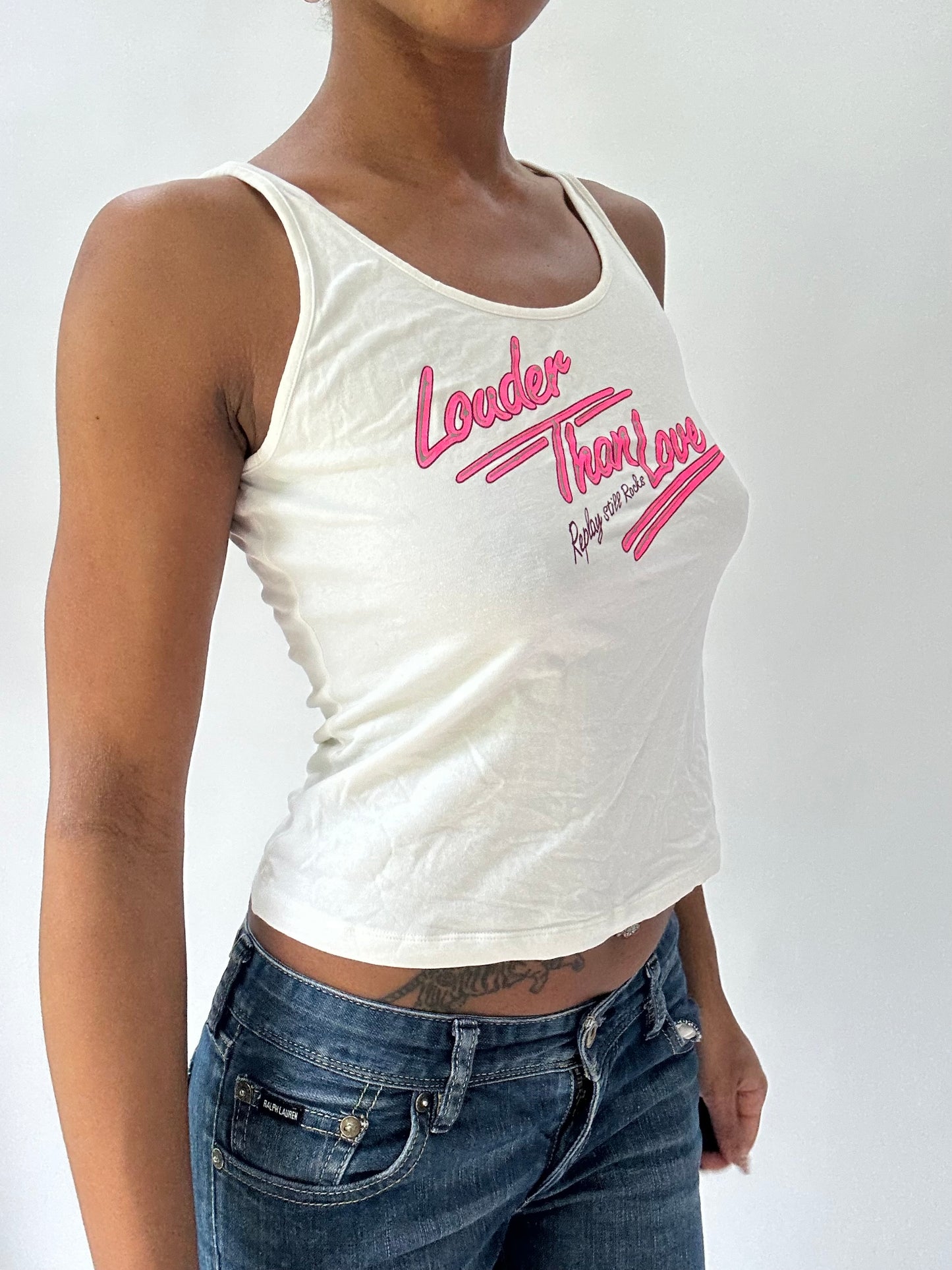 BEST PICKS | small white replay graphic writing tank top