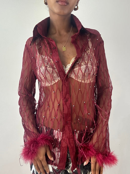vintage edit twenty-one | medium red sheer feather button up top