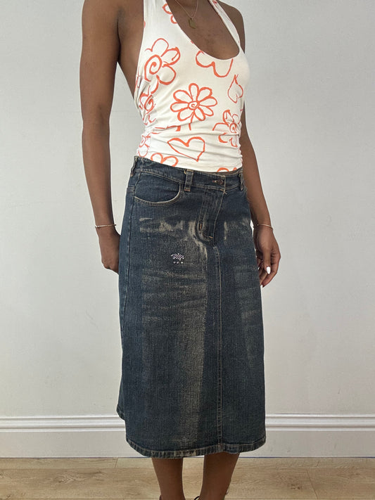 vintage edit eighteen | small blue denim midi skirt with diamantés