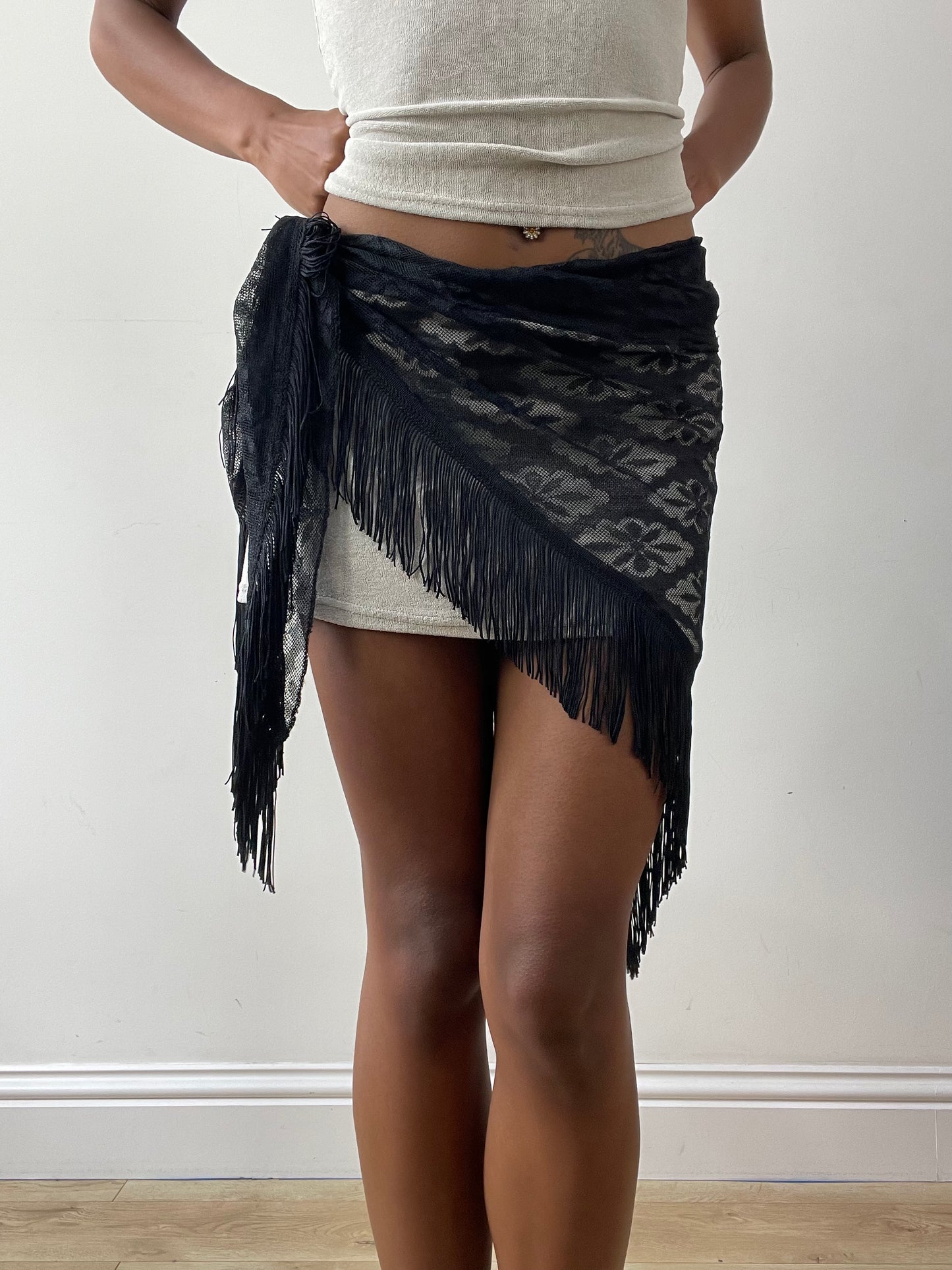 midsummer edit | one size black floral beach skirt with fringe hem