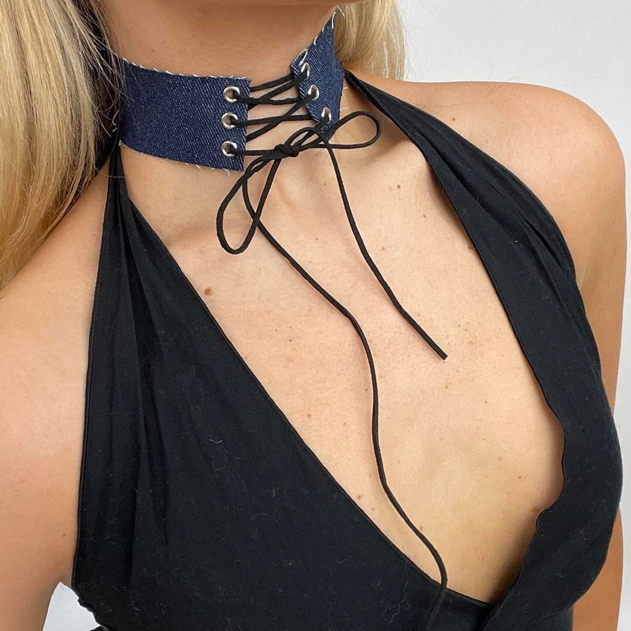 Lace up denim shop choker