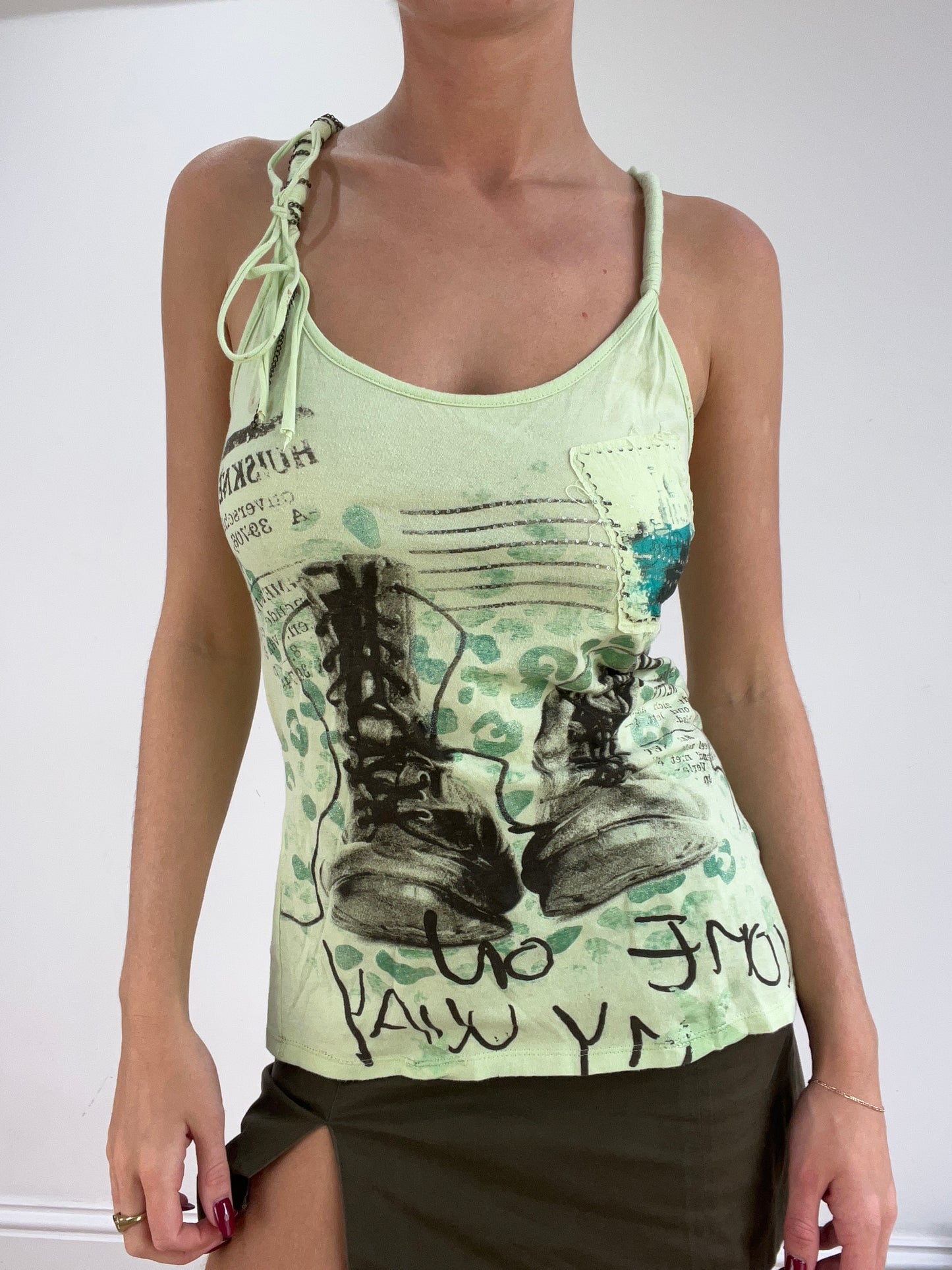 st patrick’s day | medium green old label bershka graphic print tank top