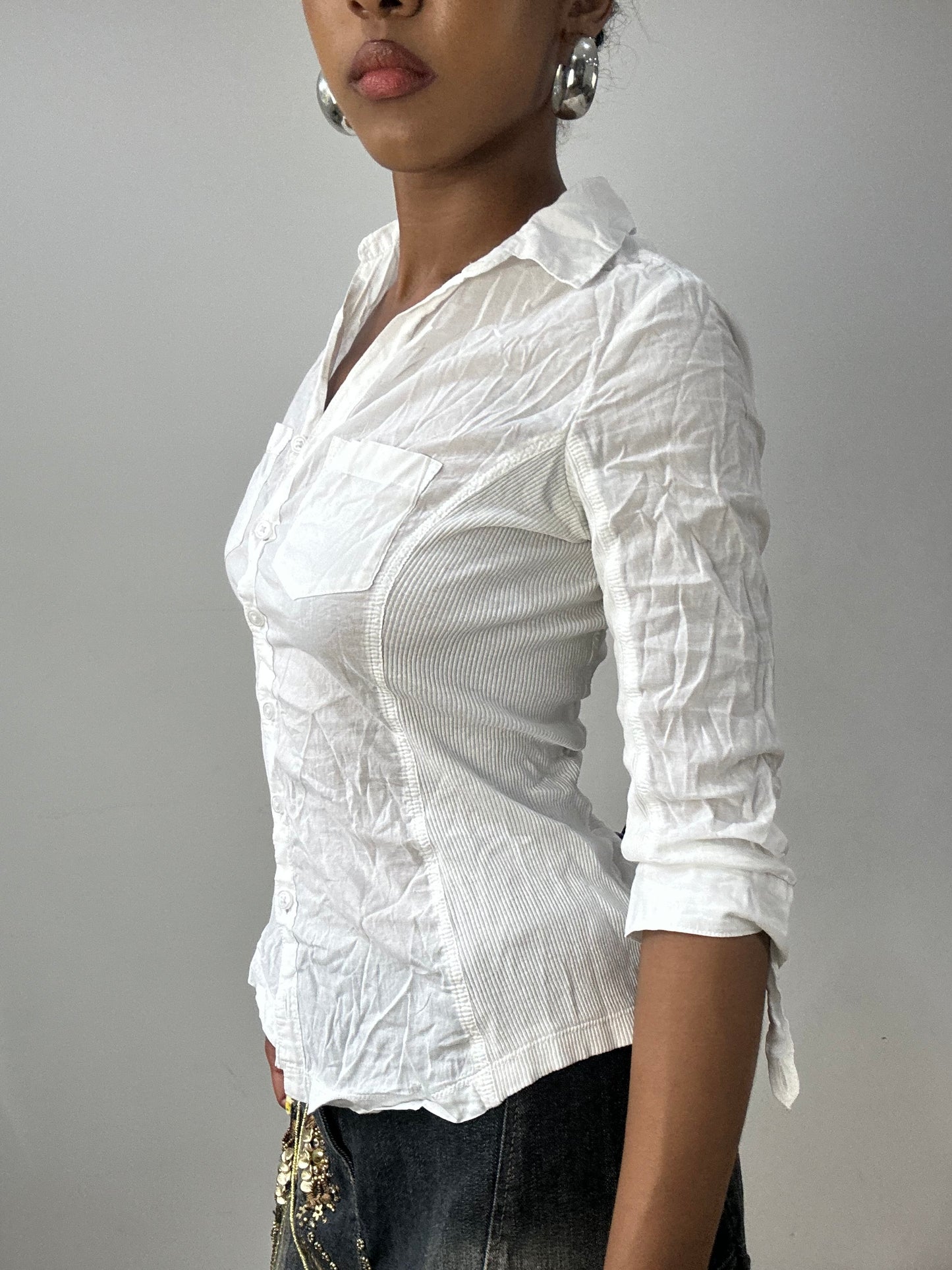 vintage edit thirty-two | small white orsay button up shirt with pocket detail